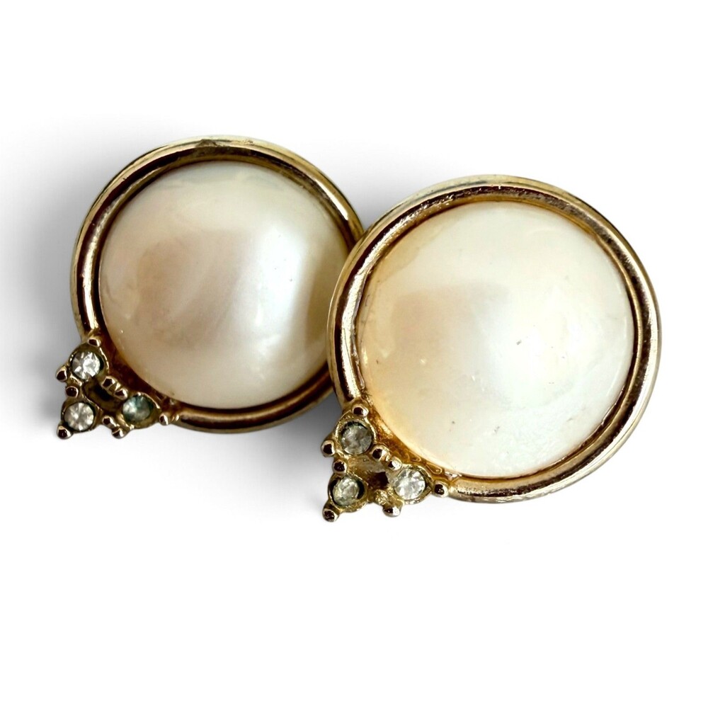 Vintage Gold Vermeil Sterling Silver Faux Pearl Rhinestone Cluster Pierced Earri